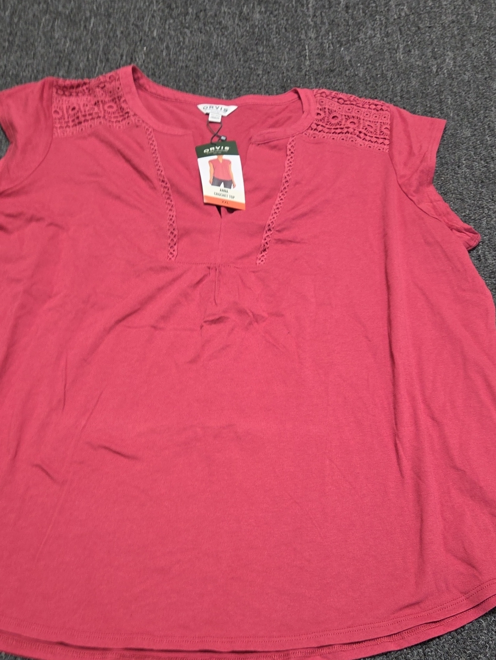 (#5C) Orvis Raspberry Crochet-Shoulder Short Sleeve Tee
